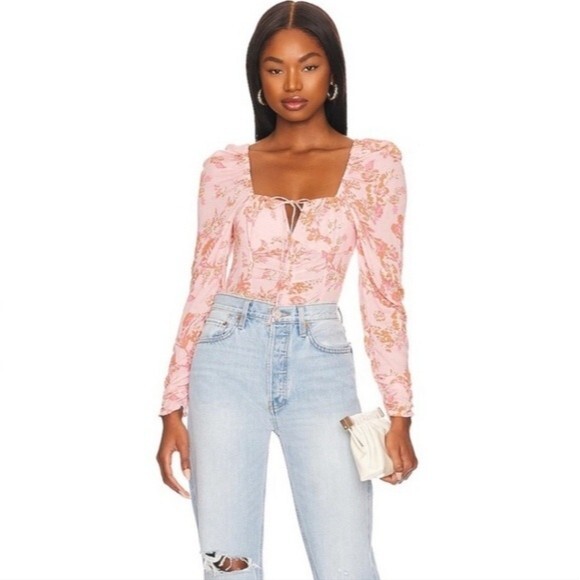 Free People Hilary Printed Top in pink combo size M - Picture 3 of 11